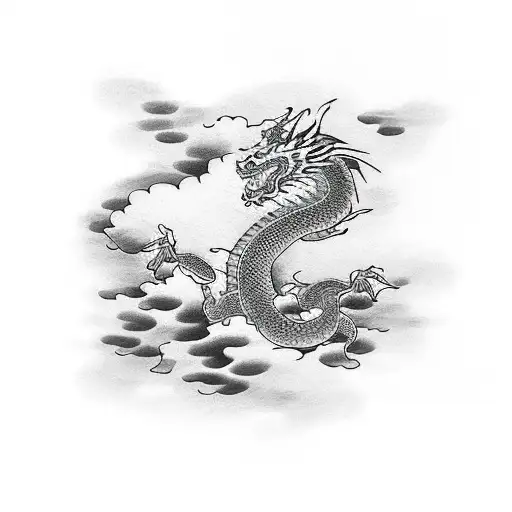 Dragon flying through clouds flowers on background tattoo design idea