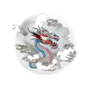 Dragon flying through clouds flowers on background tattoo design idea
