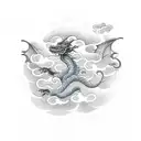 Dragon flying through clouds flowers on background tattoo design idea
