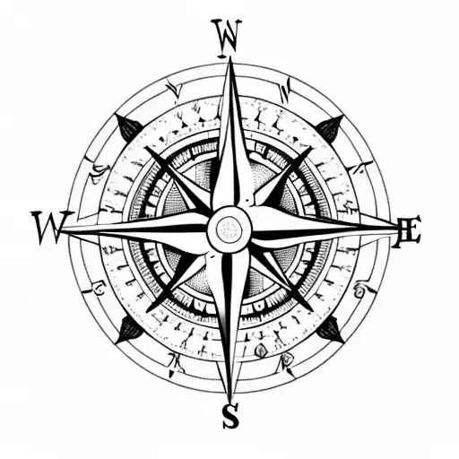 compass with rose vines woven around the compass ring and a fletched arrow as a needle tattoo design idea