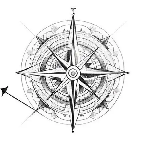 compass with roses around the compass ring and a fletched arrow as a needle tattoo design idea