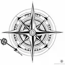 compass with rose vines woven around the compass ring and a fletched arrow as a needle tattoo design idea