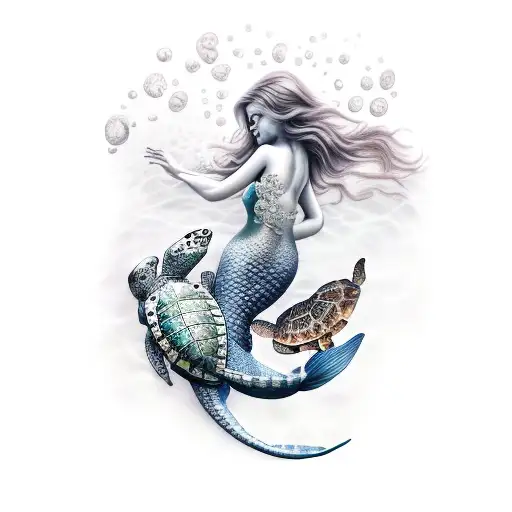 A realistic mermaid swimming with a sea turtle in a magical underwater kingdom tattoo design idea