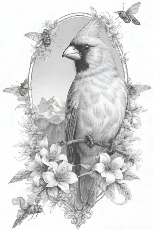 cardinal and bees  with matterhorn panorama tattoo design idea