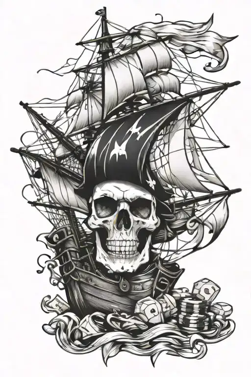 poker money pirate skull ship sailing towards tattoo design idea