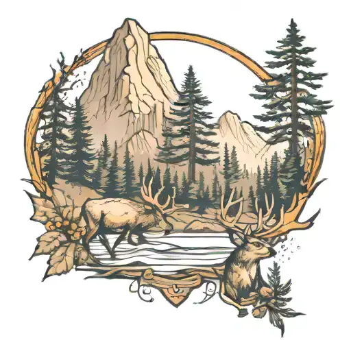 arrowhead lake buck woods and mountain range tattoo design idea