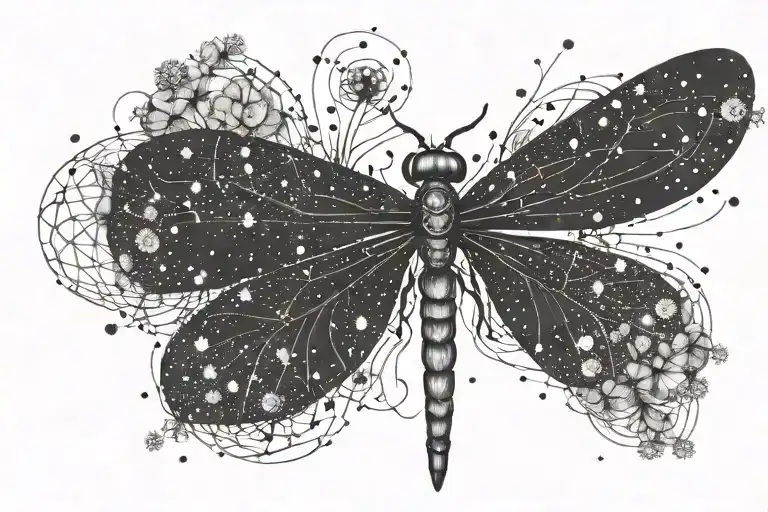 A constellation of dandelions forming the shape of a dragonfly in the night sky tattoo design idea
