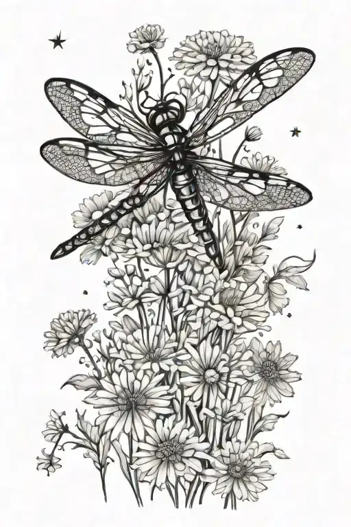 A celestial dragonfly flying through a field of dandelions under a starry sky tattoo design idea