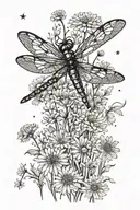 A celestial dragonfly flying through a field of dandelions under a starry sky tattoo design idea