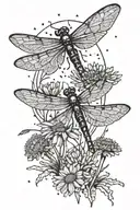 A celestial dragonfly flying through a field of dandelions under a starry sky tattoo design idea