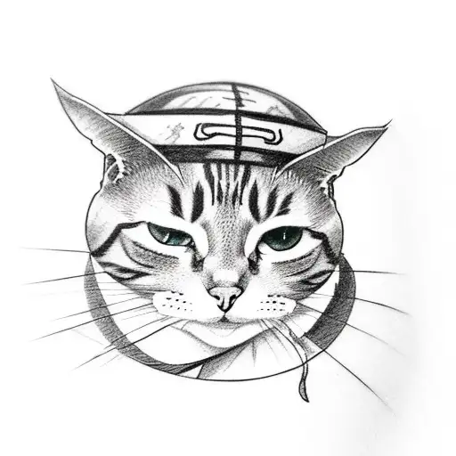 A black-grey tattoo of a cat wearing a Naruto headband, sitting on a stack of books tattoo design idea