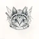 A black-grey tattoo of a cat wearing a Naruto headband, sitting on a stack of books tattoo design idea