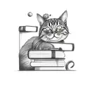 A black-grey tattoo of a cat wearing a Naruto headband, sitting on a stack of books tattoo design idea