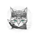A black-grey tattoo of a cat wearing a Naruto headband, sitting on a stack of books tattoo design idea