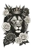 lion mouth open with crown surrounded by roses tattoo design idea