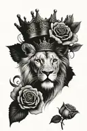 lion mouth open with crown surrounded by roses tattoo design idea