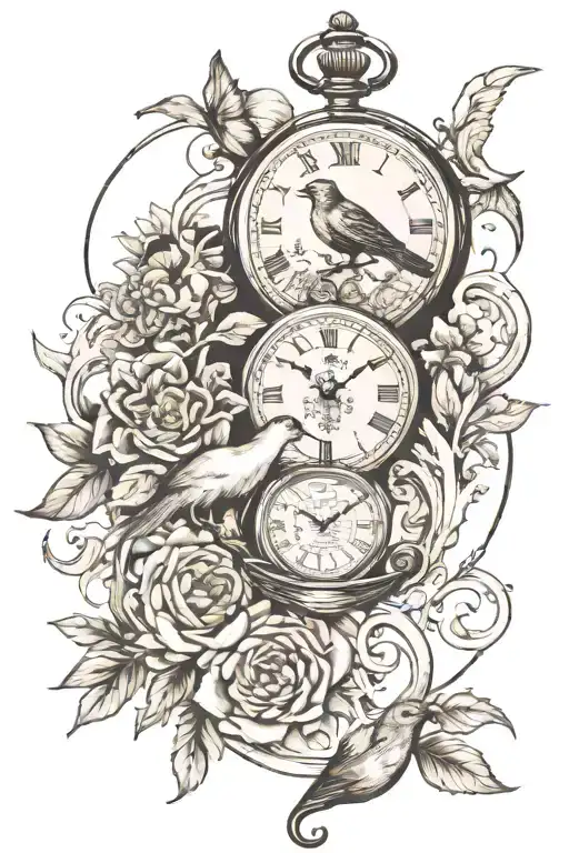 time passing, pocket watch, animals, nature tattoo design idea