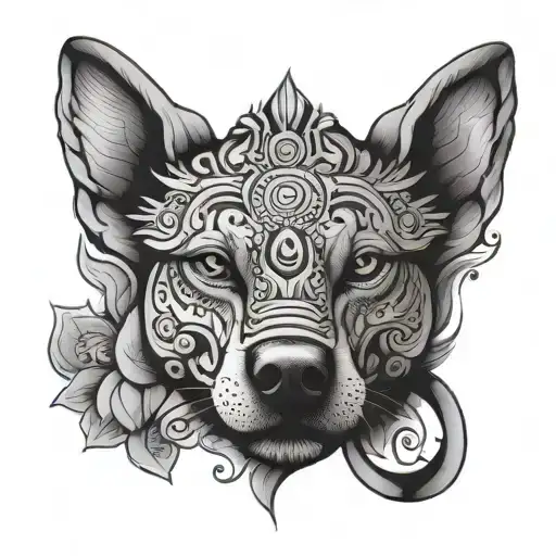 Combine elements of traditional Nepali art with a dog motif in a black and gray tattoo tattoo design idea