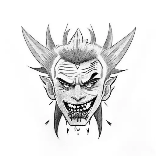 Create a tribal tattoo of a headshot of junkrat from the game overwatch in black-and-white with spikes tattoo design idea