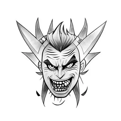 Create a tribal tattoo of a headshot of junkrat from the game overwatch in black-and-white with spikes tattoo design idea