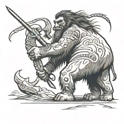 caveman with spear hunting a wooly mammoth  tattoo design idea