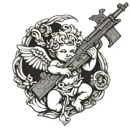 Cherub holding M4 rifle tattoo design idea