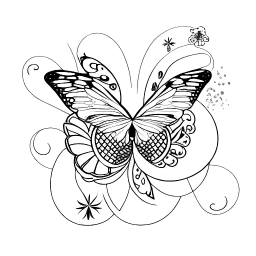 A realistic butterfly surrounded by Hawaiian flowers and sparkles tattoo design idea