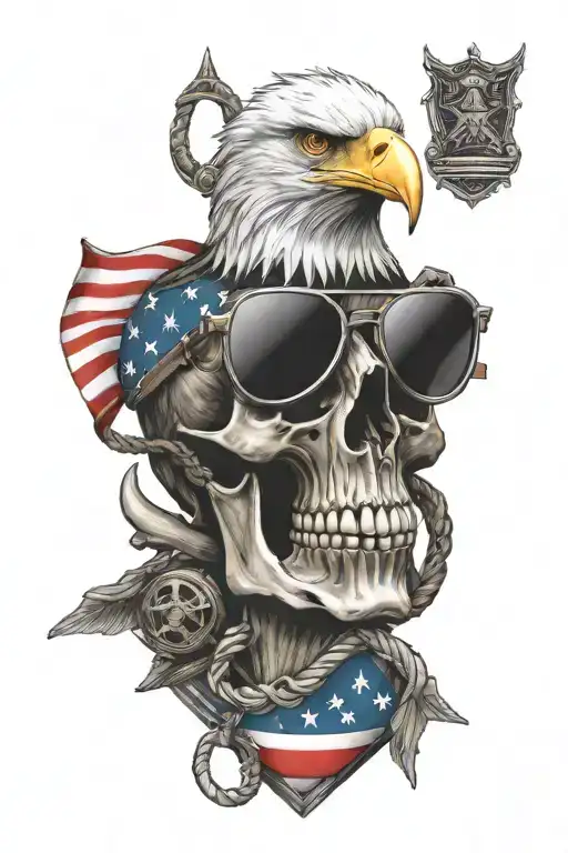 eagle globe and anchor on a skull wearing sunglasses and American flag intertwined tattoo design idea