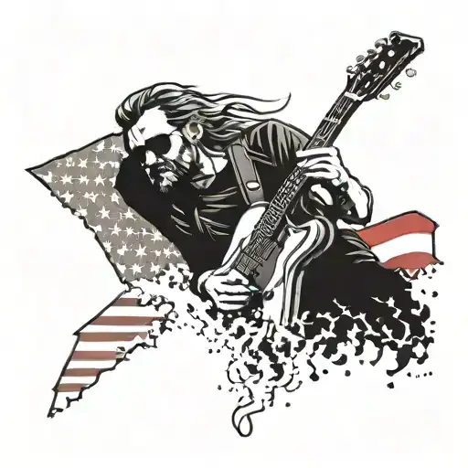 A silhouette of Eric Church performing on stage with a Marine Corps insignia incorporated into the background, surrounded by an American flag waving in the wind tattoo design idea