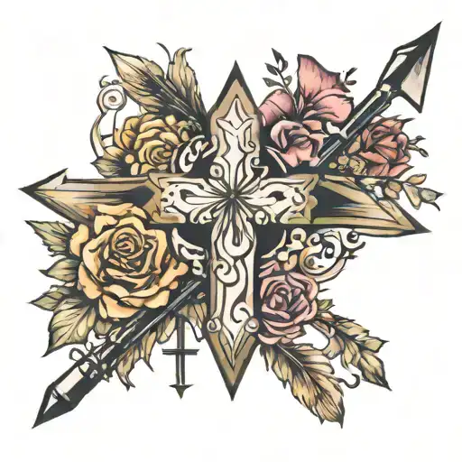 cross plus arrow and family  tattoo design idea