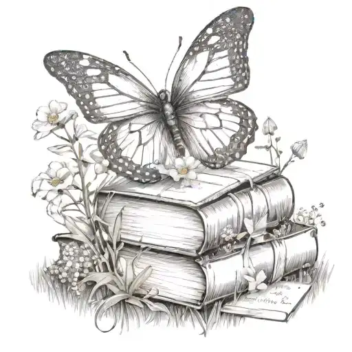 A butterfly made of books, fluttering among a field of wildflowers, with dotwork shading for depth tattoo design idea