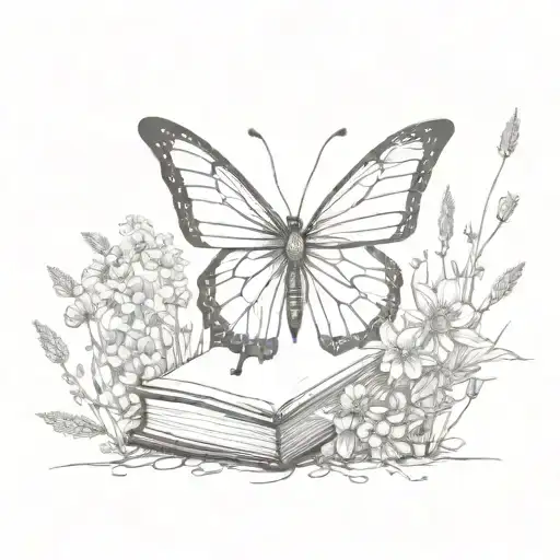 A butterfly made of books, fluttering among a field of wildflowers, with dotwork shading for depth tattoo design idea
