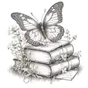 A butterfly made of books, fluttering among a field of wildflowers, with dotwork shading for depth tattoo design idea