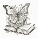 A butterfly made of books, fluttering among a field of wildflowers, with dotwork shading for depth tattoo design idea