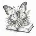 A butterfly made of books, fluttering among a field of wildflowers, with dotwork shading for depth tattoo design idea