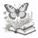 A butterfly made of books, fluttering among a field of wildflowers, with dotwork shading for depth tattoo design idea