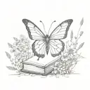A butterfly made of books, fluttering among a field of wildflowers, with dotwork shading for depth tattoo design idea