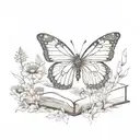 A butterfly made of books, fluttering among a field of wildflowers, with dotwork shading for depth tattoo design idea