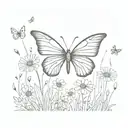 A butterfly made of books, fluttering among a field of wildflowers, with dotwork shading for depth tattoo design idea