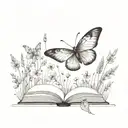 A butterfly made of books, fluttering among a field of wildflowers, with dotwork shading for depth tattoo design idea