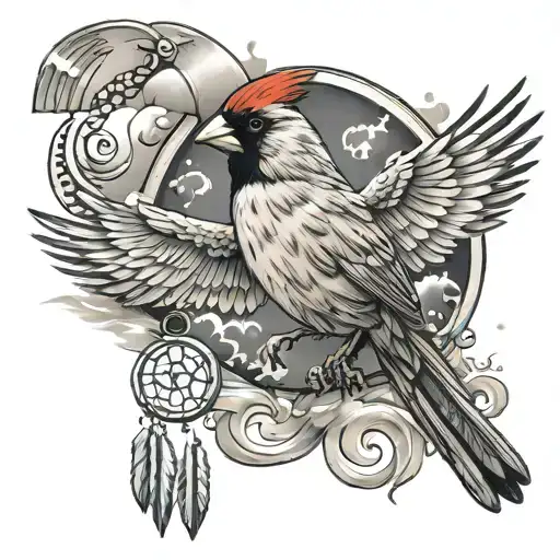 red female cardinal holding a wind chime flying through a storm tattoo design idea