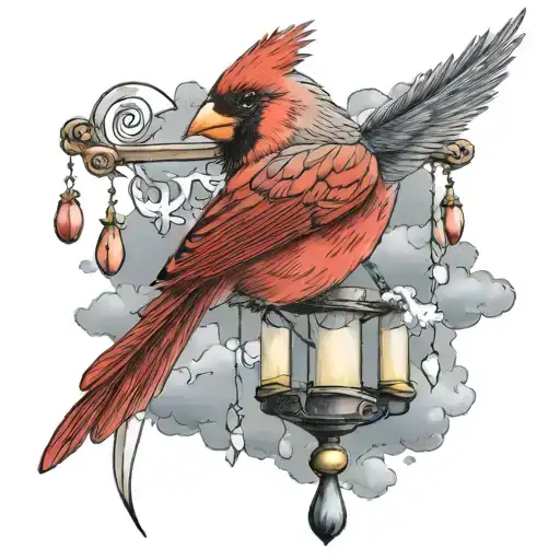 red female cardinal holding a wind chime flying through a storm tattoo design idea
