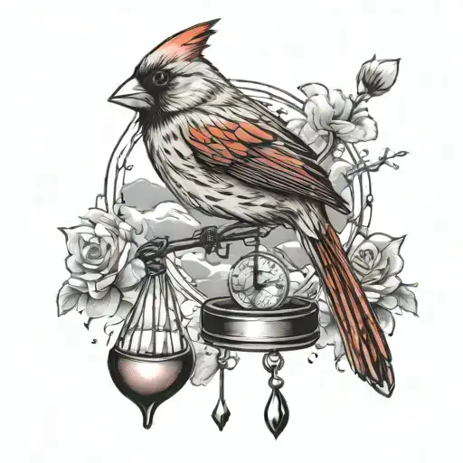 red female cardinal holding a wind chime flying through a storm tattoo design idea