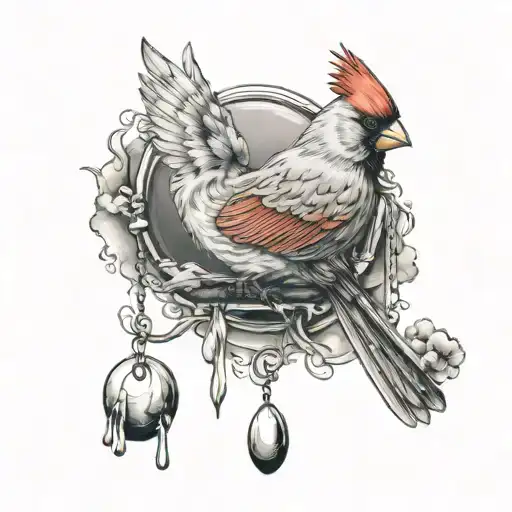 red female cardinal holding a wind chime flying through a storm tattoo design idea