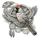 red female cardinal holding a wind chime flying through a storm tattoo design idea
