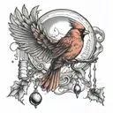 red female cardinal holding a wind chime flying through a storm tattoo design idea