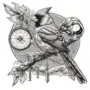 red female cardinal holding a wind chime flying through a storm tattoo design idea