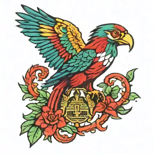 quetzal bird with Mexican eagle  tattoo design idea