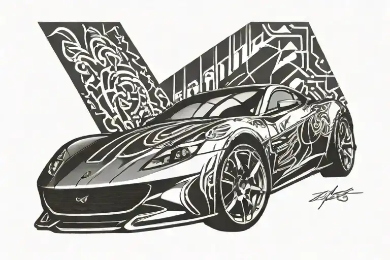 A minimalist tattoo of a sleek sports car with subtle tribal accents tattoo design idea