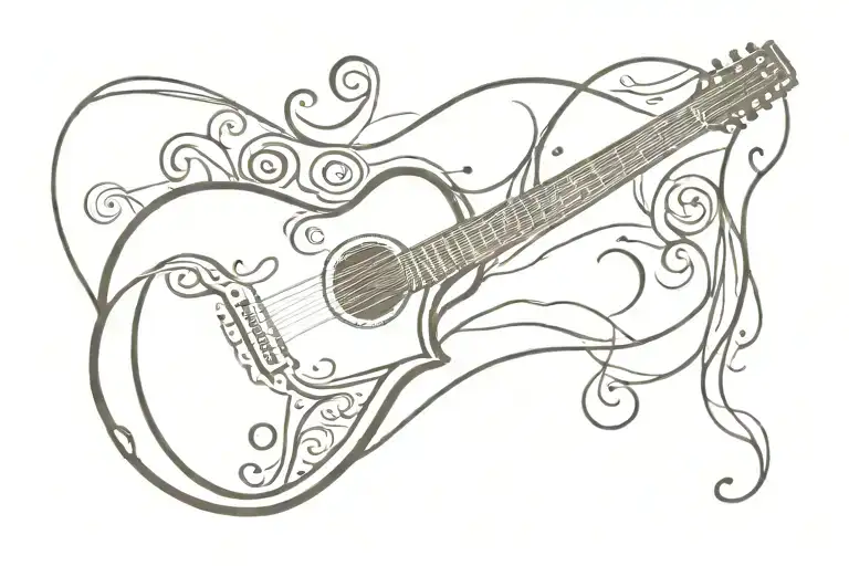 A tribal-inspired design incorporating elements of an acoustic guitar and a running shoe tattoo design idea